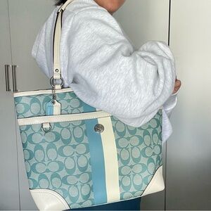 Coach Heritage Signature Stripe Blue White Tote Bag
